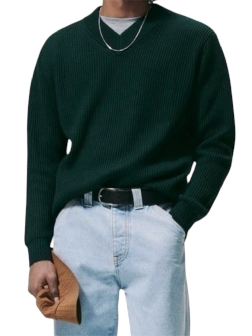 Zara V Neck Chunky Knit Green Wool Blend Sweater Size Large